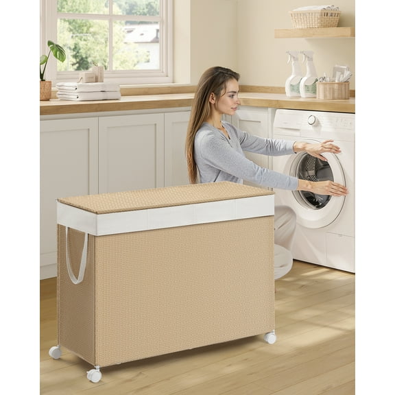 Natural Beige & Matte White 4 - Compartment Laundry Hamper. 47.6 Gal Laundry Sorter on Wheels, with Lid, Removable Liners & Handles