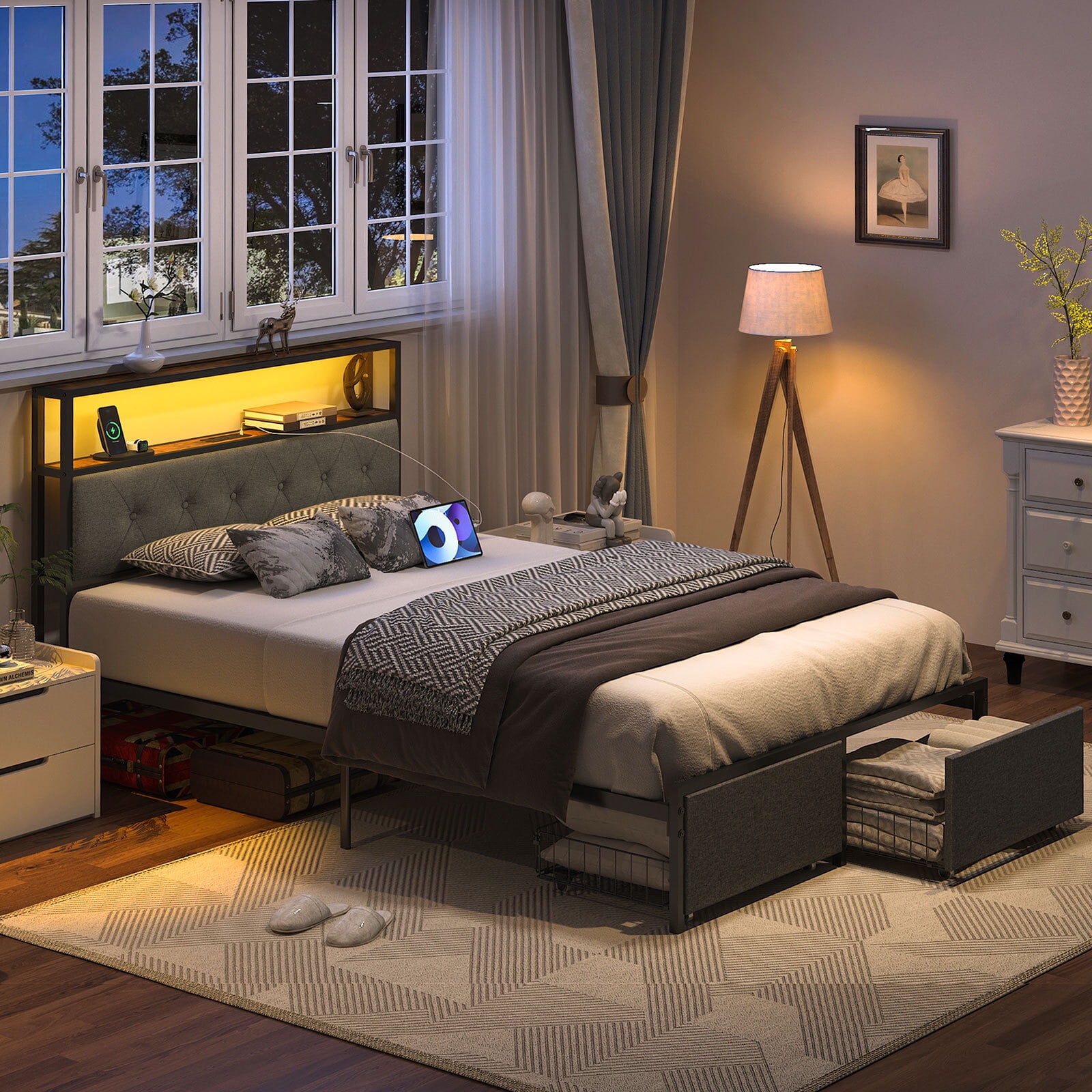 Full Size LED Light Bed Frame with Storage Headboard and USB Ports,Bed Platform with Drawers, RGB Lights