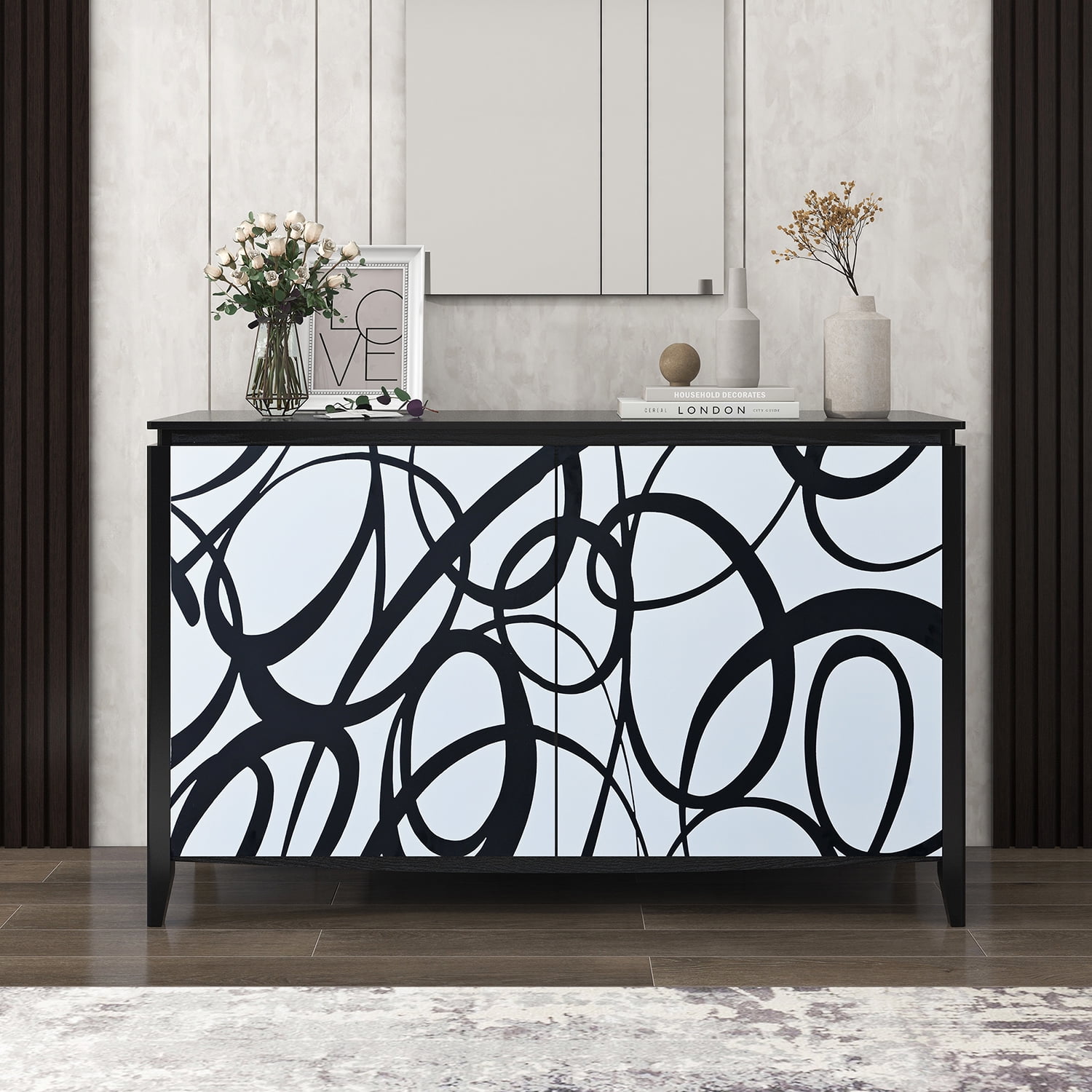 Kadyn Modern Sideboard Buffet Storage Cabinet, Accent Storage Cabinet with 2 Decorative Doors, 2 Drawers and 4 shelves, Solid Wood Cabinet for Living room, White+Black