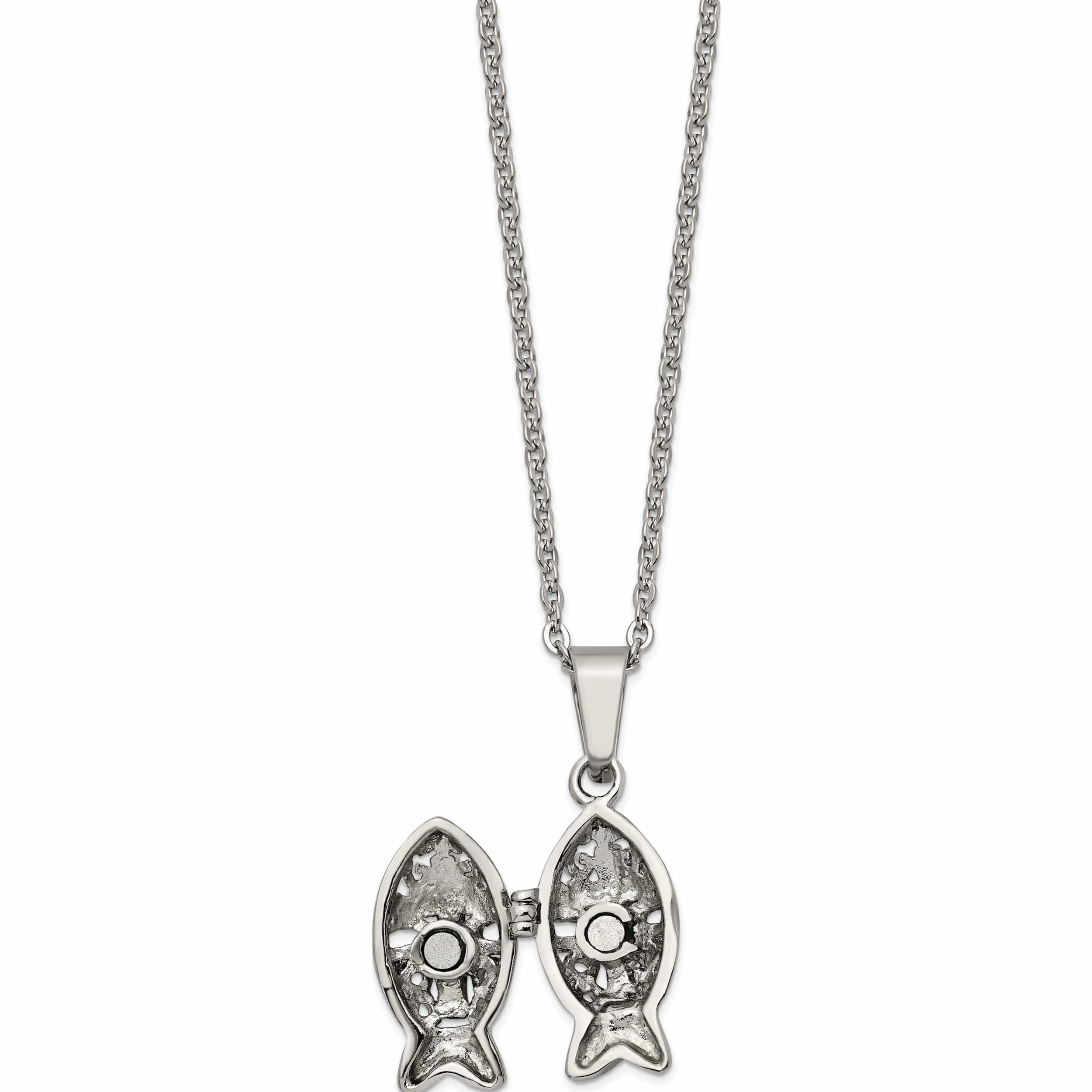 Stainless Steel Polished And Antiqued Magnetic Fish Prayer Box Necklace Made In China -Jewelry By Sweet Pea