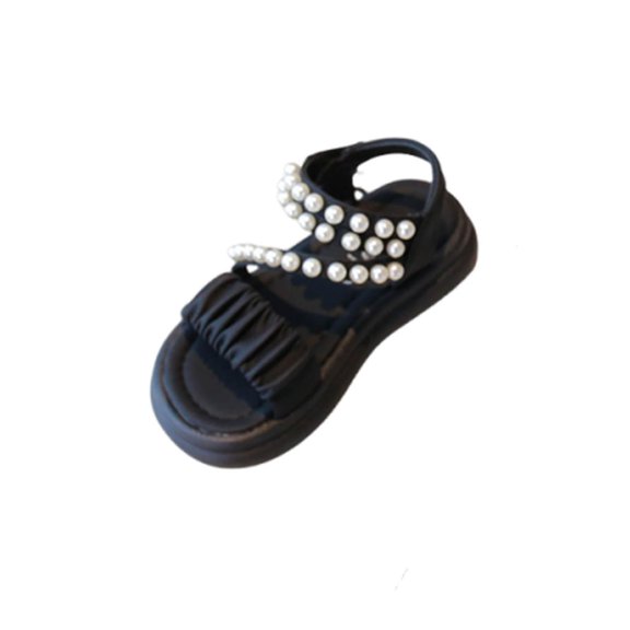 BCSIOAOI Toddler Sandals for Girls,Pearl Strap Ruched Open-Toe Summer Shoes Black 4-4.5t