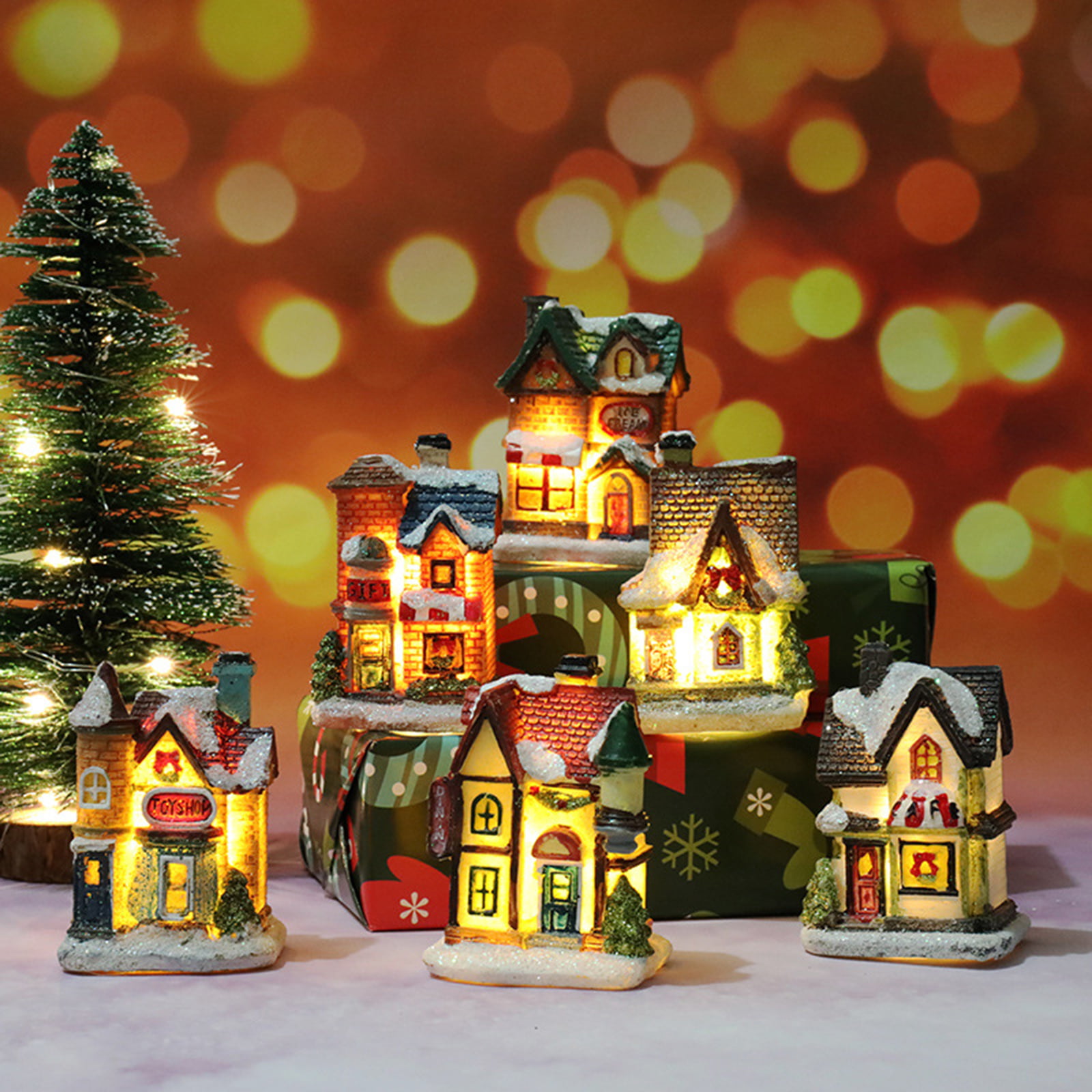 Christmas Village with LED Lighting,Christmas Village Characters Resin Houses Christmas Village Scene Resin Snow Village Houses for Christmas Gifts,House Ornament
