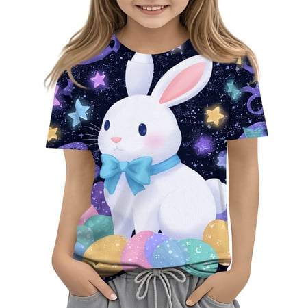 LTTVQM Easter Shirts for Girls 2026 Short Sleeve Cute Eggs Bunny Graphic Tops Soft Crew Neck Blouse Fashion Clothes White 7-8 Years