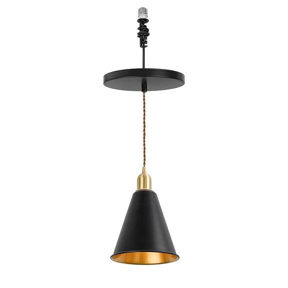 KAYYELAMP Black Metal Cone Shade Inner Gold Hanging Light E26 Brass Base Adjustable Height Droplight Retro Design Pendant Light for Bedroom Kitchen Island Sink Stairs