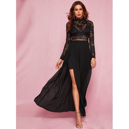 

Zip Back Split Thigh Sheer Lace Dress Without Bra Women‘s Clothing