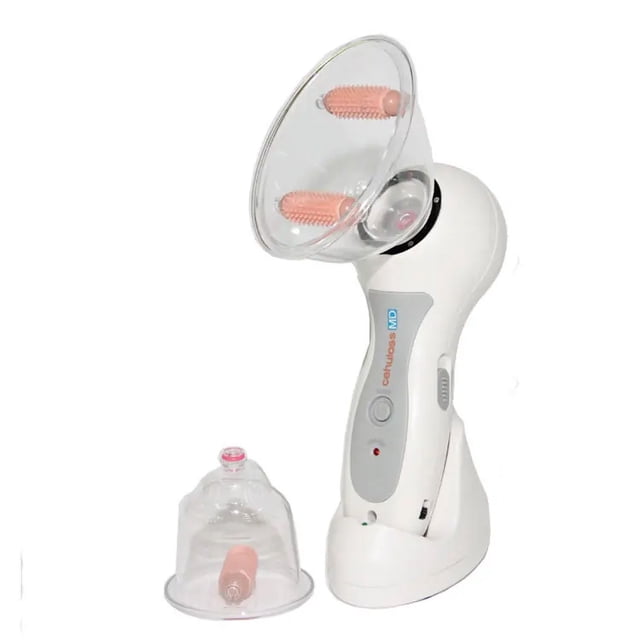 masajeador de celulitis carga aparato de aumento de senos eléctrico portátil aspiración corporal tratamiento anticelulítico ventosas kit de ventosa cellulight, dispositivo blanco con mango ergonómico y copa transparente frontal; se observan dos insertos rosados texturizados dentro de la copa y una copa adicional con inserto sobre la base de carga; también suele usarse para masajes localizados en áreas firmes.