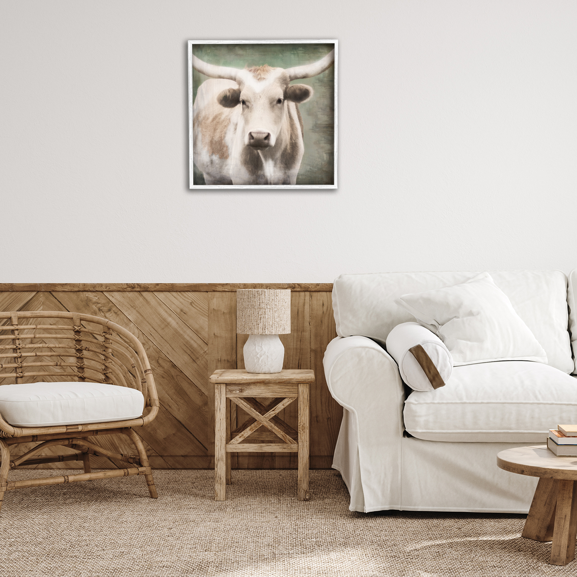 Stupell Industries Rustic Longhorn Cattle Animals & Insects Painting White Framed Art Print Wall Art, 24 x 24