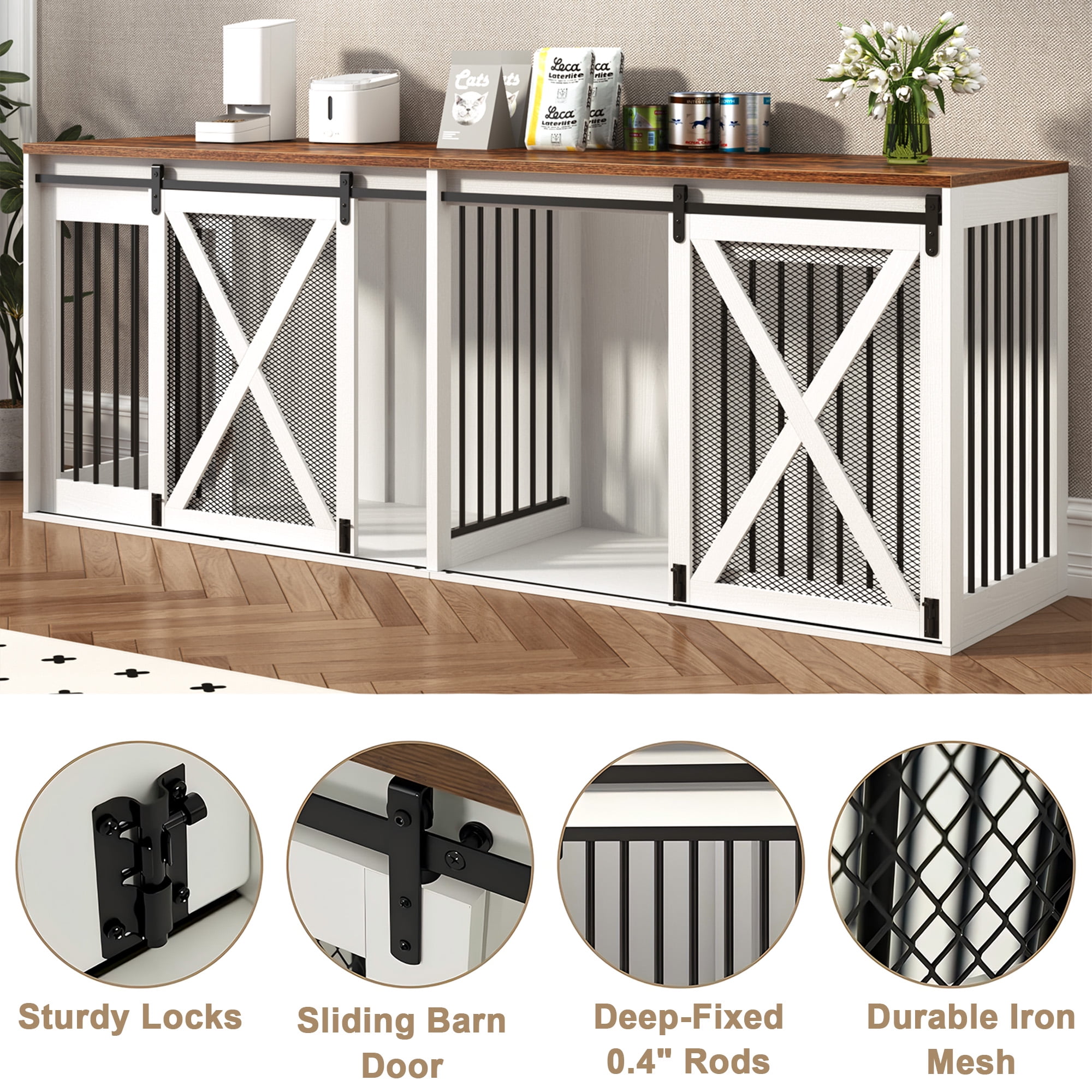 94.5" XXXL Dog Crate Furniture for 2 Large Dogs, Farmhouse Dog Kennel TV Stand with Sliding Door and Removable Divider, White