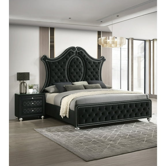 Luxurious Beautiful King Size 3pc Bed 2x Nightstand Set Tufted Black