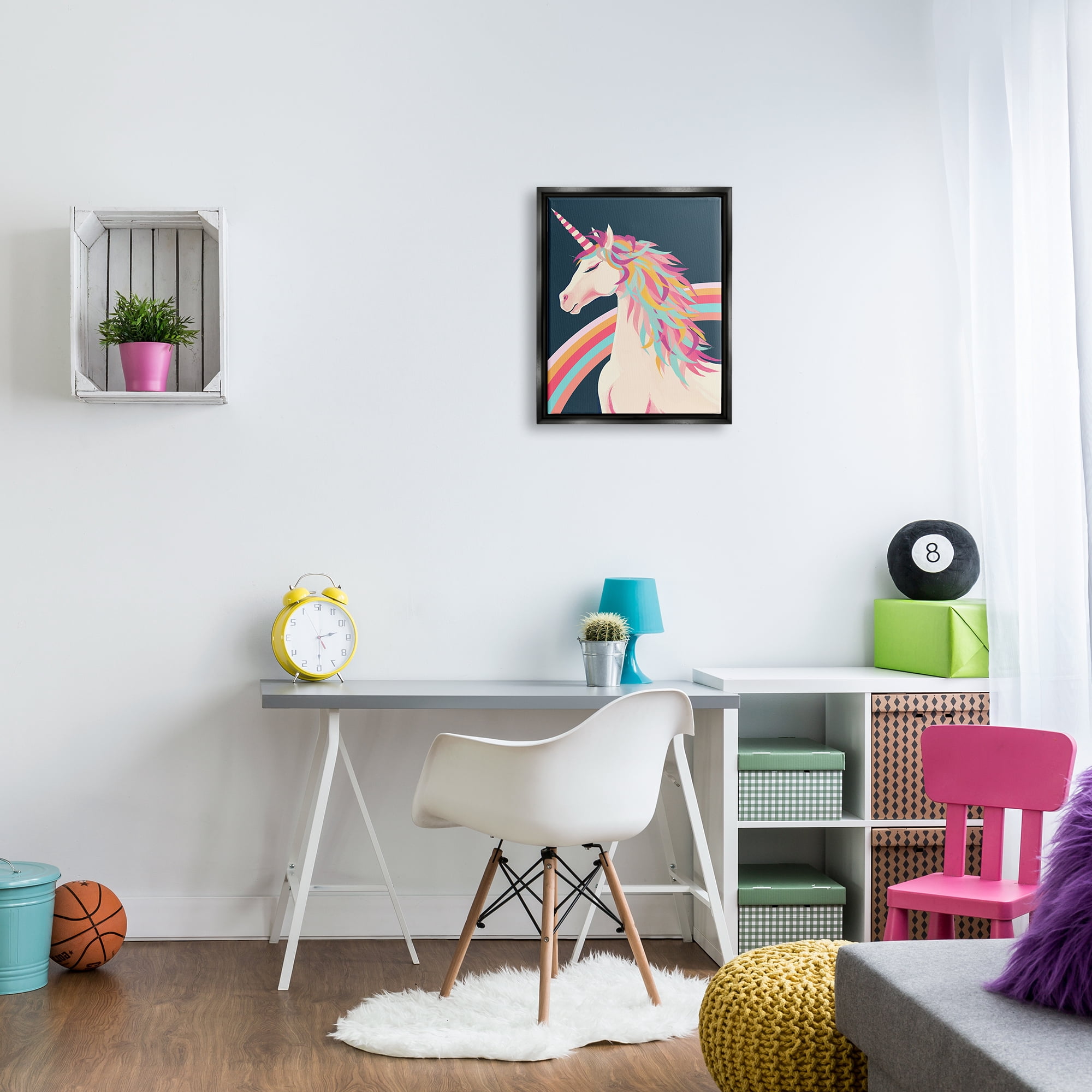 Stupell Industries Unicorn Rainbow Mane Fairy Tales & Fantasy Painting Black Floater Framed Canvas Art Print Wall Art, 17 x 21