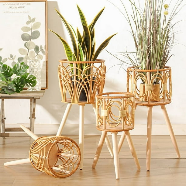 Maceta tejida de ratán artificial, soporte de flores triangular, soporte de flores hueco para sala de estar, balcón, canasta de flores tejida de bambú, planta de interior