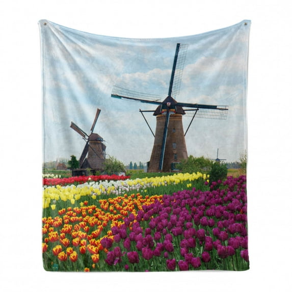 Windmill Soft Flannel Fleece Blanket, Bedding Plants of Netherlands Farm Country Heritage Historical Architecture Theme, Cozy Plush for Indoor and Outdoor Use, 50" x 60", Multicolor, by Ambesonne