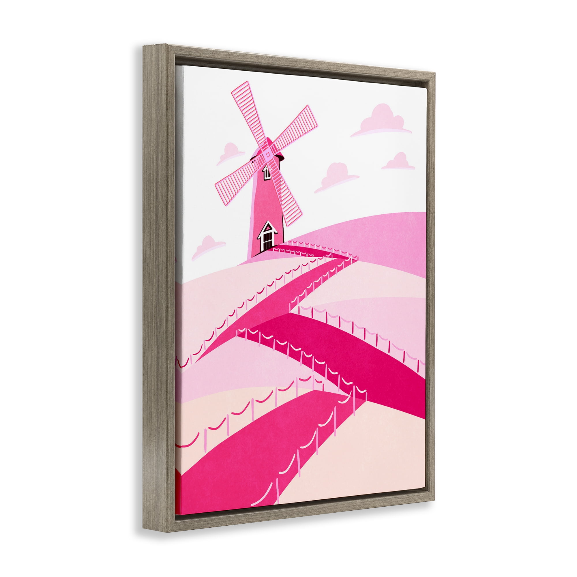 Pink Hills and Windmill Brown Framed Floater Canvas Wall Art, design by Ziwei Li