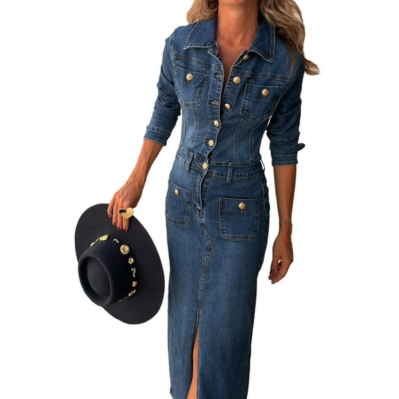 Denim Dress for Women Trendy Long Sleeve Button Down Denim Maxi Dress Bodycon Slit Long Jean Dresses Deep Blue S