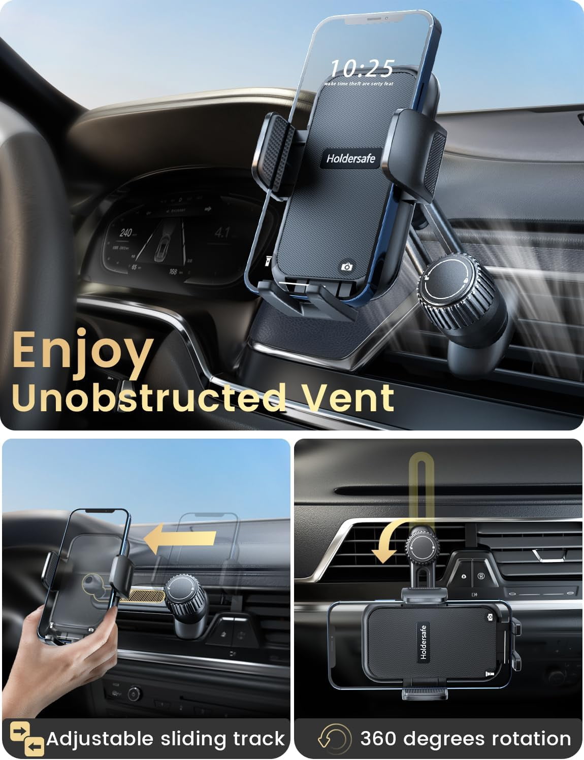 Phone Holders for Your Car: [Never Blocking] Air Vent Cell Phones Mount iPhone 17 Pro Max & Samsung Android Smartphone [Thick Cases Friendly] Hands-Free Auto Mobile Stand