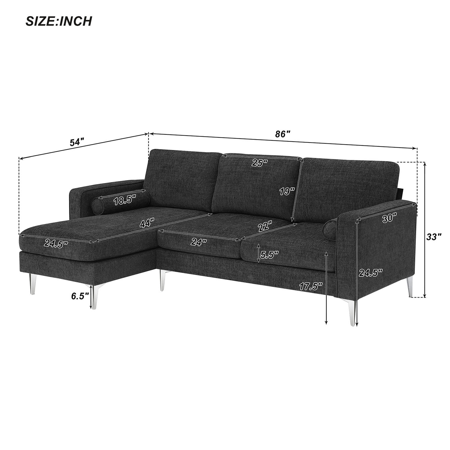 Kadyn 86" Convertible Sectional Sofa, Modern Chenille Fabric Sofa with Reversible Chaise and 2 Pillows, L-Shaped 3-Seat Sofa for Apartment, Dark Grey
