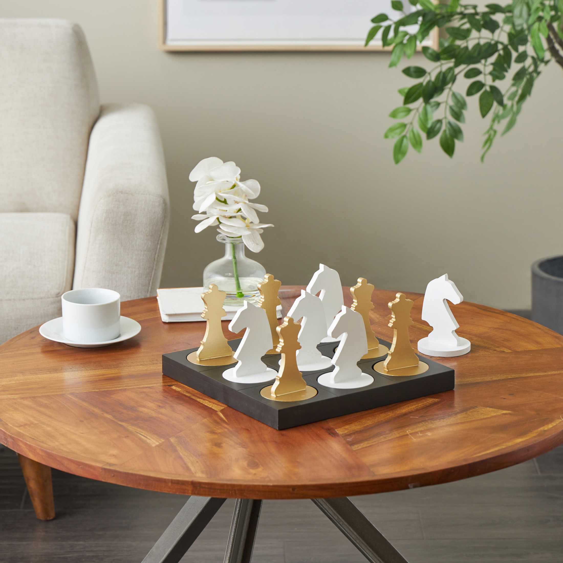 DecMode 12" x 6" Black Wood Chess Game Set with Gold and White Pieces, 1-Piece
