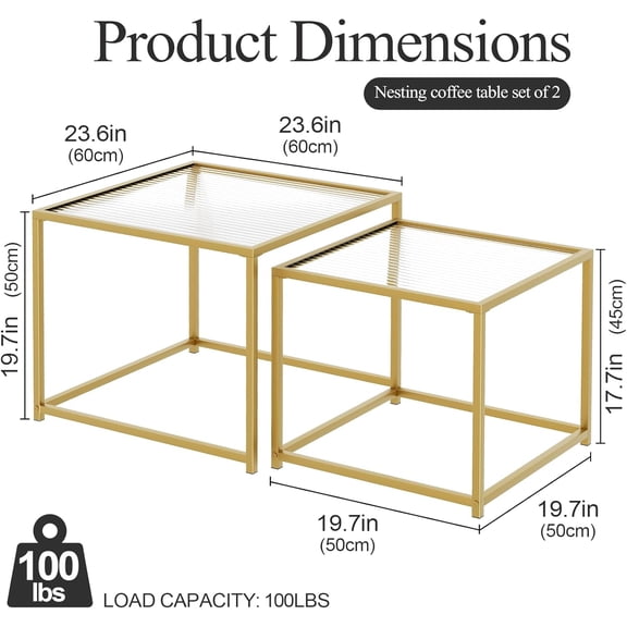 Coffee Table Set of 2, Modern Gold Glass Side Table with Metal Frame, Nesting Coffee Table for Living Room, Bedroom and Small Spaces