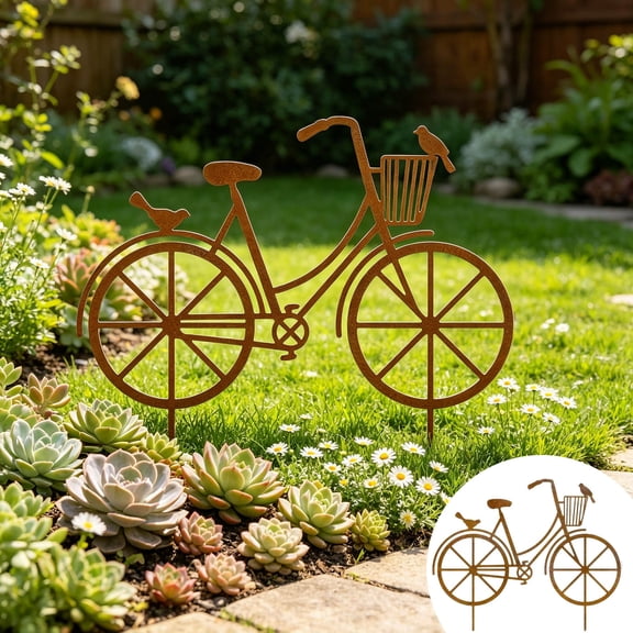 Homellea Rustic Metal Bicycle Garden Stake, Wrought Iron Bike Yard Ornament with Planter Style Accent for Lawn, Flower Bed, Patio, Courtyard and Outdoor Garden Decor, Flower Bed and Garden Decor
