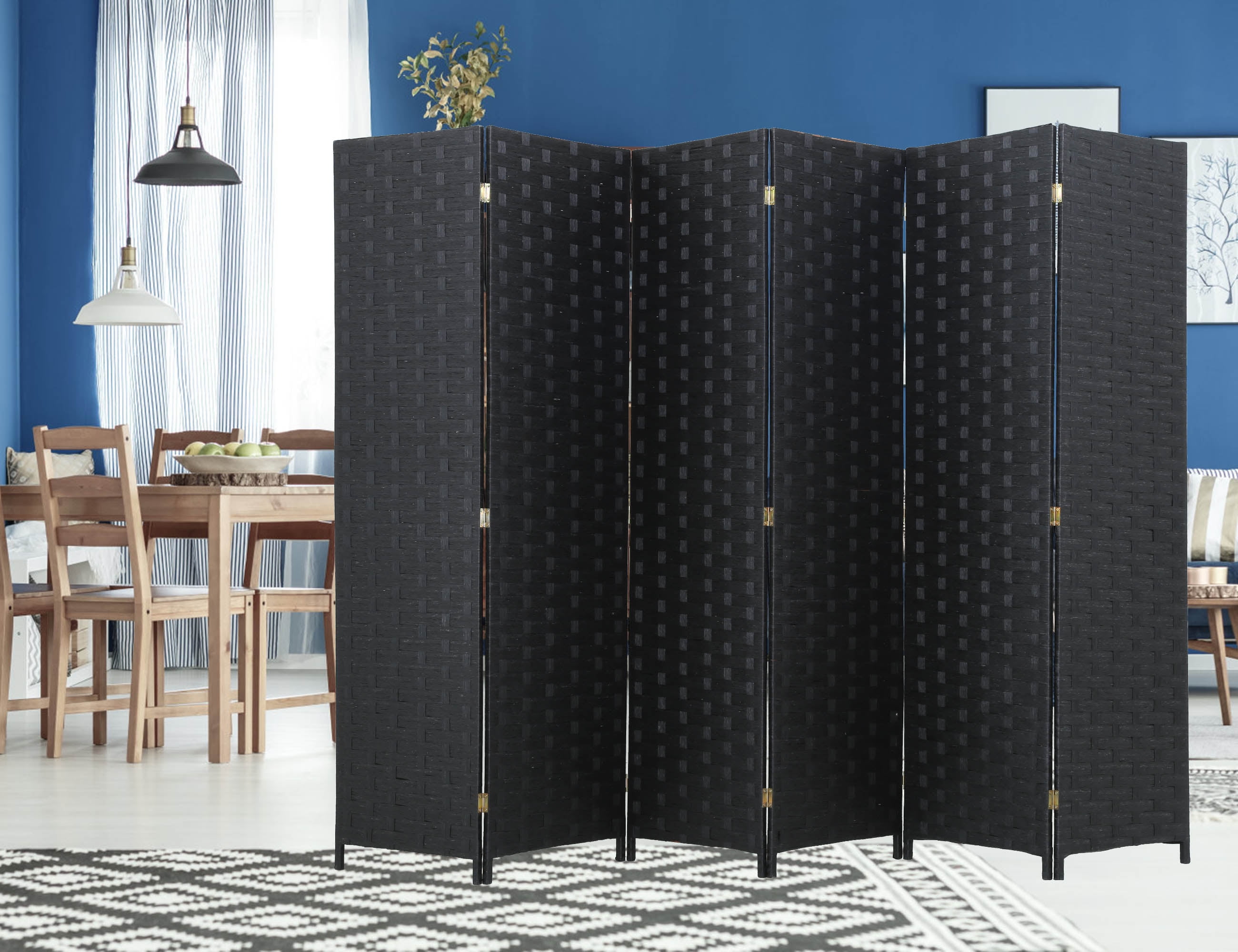 Folding 6 Panels Room Dividers Wood Mesh Woven Design Freestanding