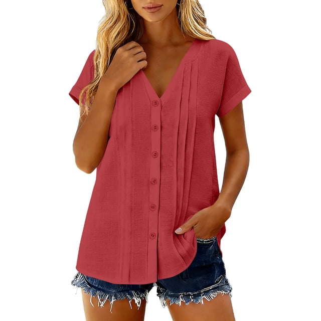 Camisetas de Manga Corta Extra Larga para las Mujeres con Cuello en V Botón Placa con Cuello Blusa de Túnica, Camisa de Manga Larga Azul Claro Mujeres