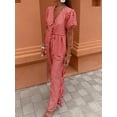 thumbnail image 5 of Yunliwuli Women Summer Pants Outfits Plaid Front Tie-Up Short Sleeve Shirts Tops Elastic Waist Long Pants 2 Pieces Clothes Set, 5 of 10