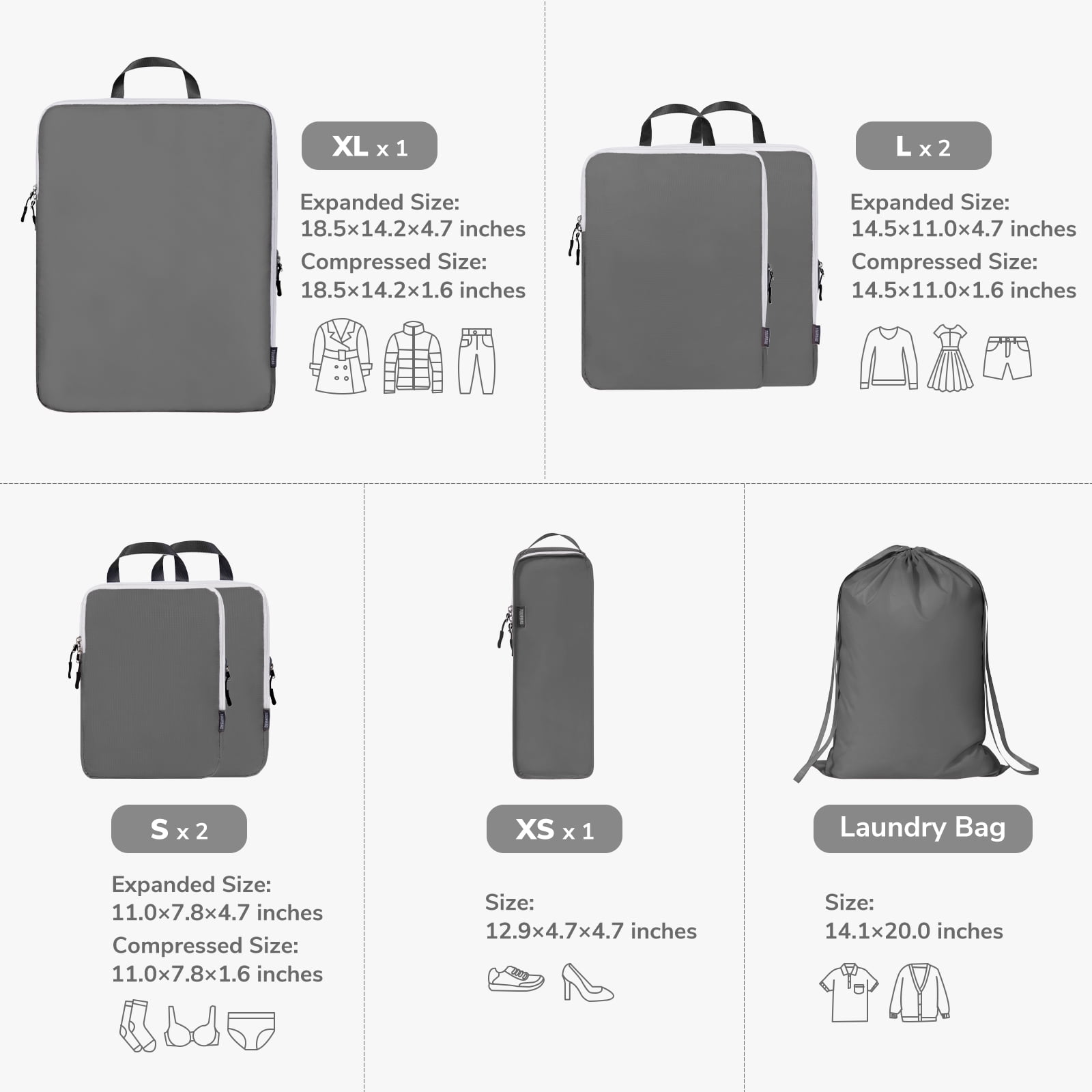 TIMEYARD 7 Set Compression Packing Cubes for Travel, Suitcase Organizer Bags Set for Luggage, Organizer Bags for Travel Accessories, Lightweight Travel Essentials, Gray