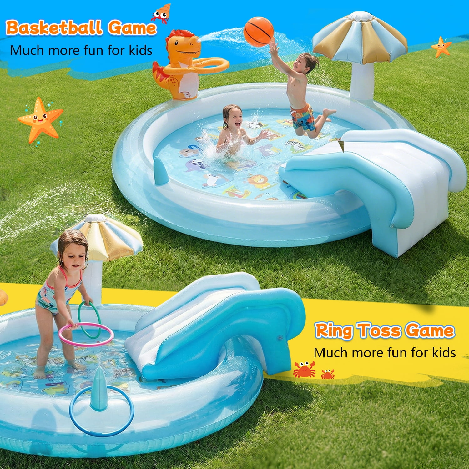 Teblint Dinosaur Inflatable Pool, 75" x 75" x 7.4" Sprinkler Swimming Pool, Spray Kiddie Pool, Play Center Water Toys for Backyard Lawn, Above Ground, Outdoor