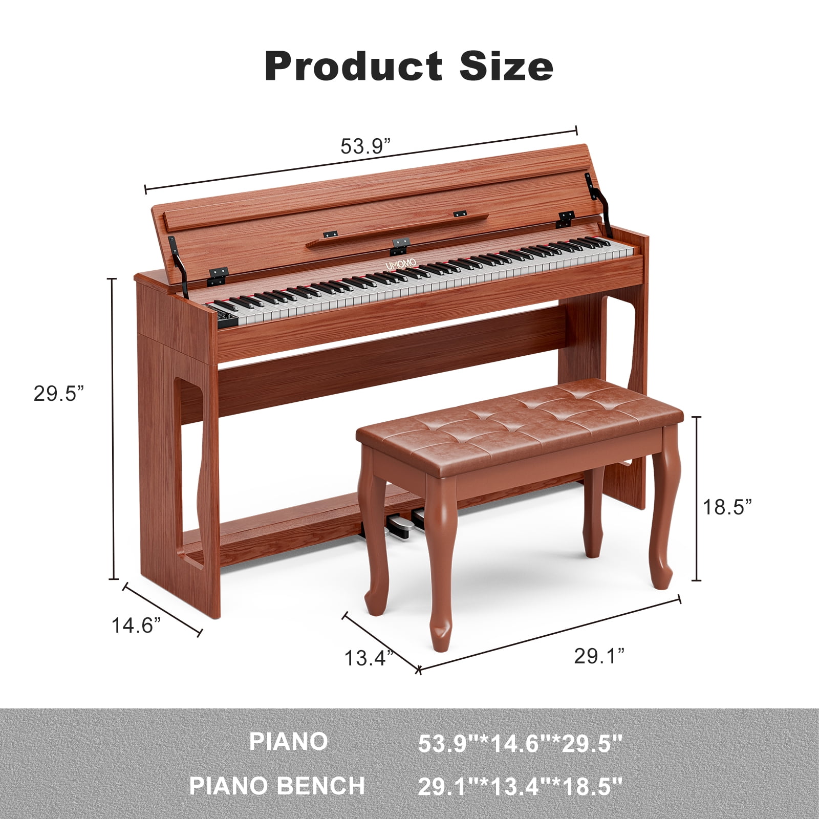 UMOMO 88 Weighted Key Digital Piano with Duet Piano Bench, Beginner Keyboard Piano Full Size Heavy Hammer Weighted Action Electric Piano Keyboard with USB MIDI, Brown