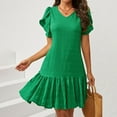 thumbnail image 5 of fheaev Summer Dresses For Women 2024 Ruffle Hem Short Sleeve V-Neck Casual Smock Green Mini Dresses, 5 of 7