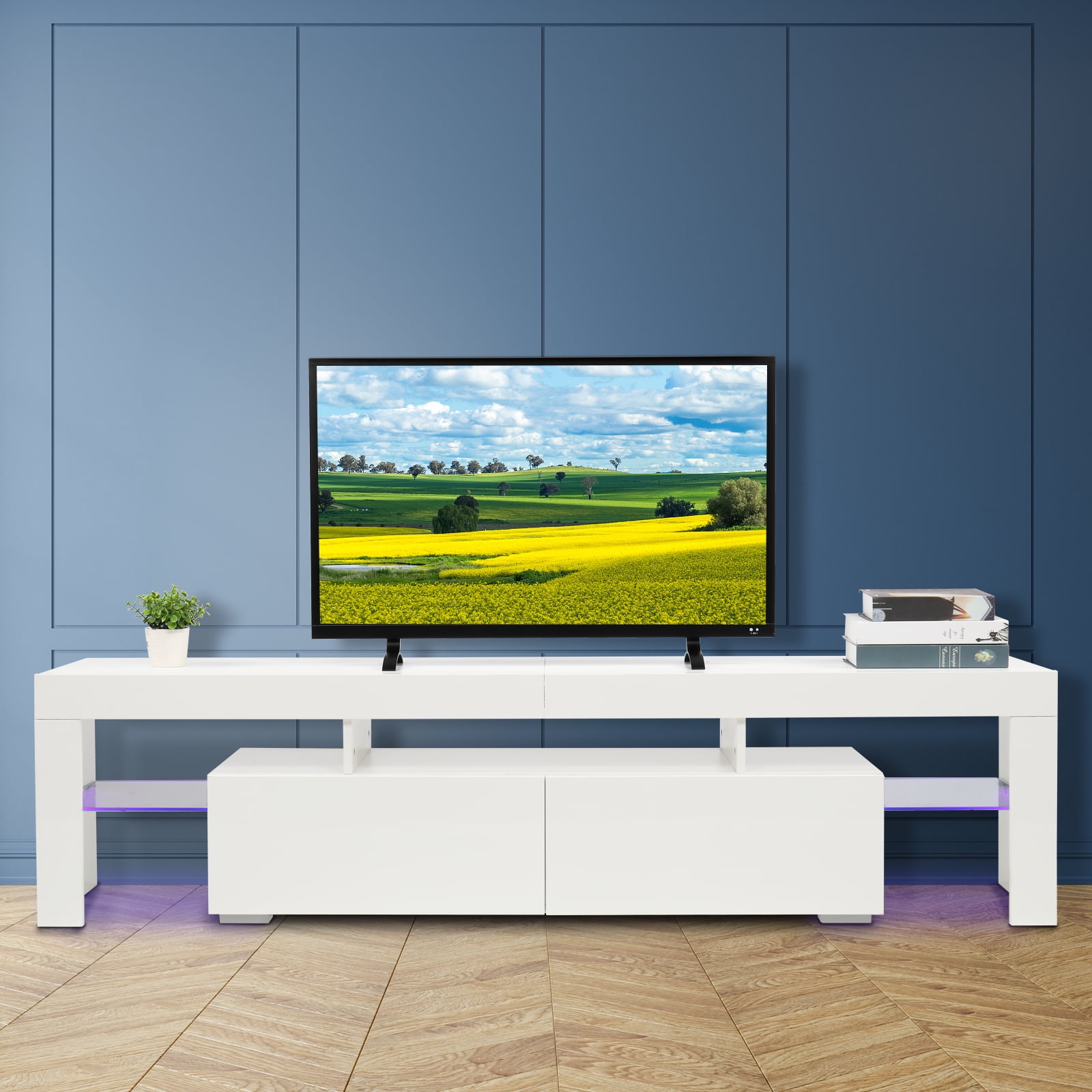 VINGLI Entertainment TV Stand for 75+ inch TV with LED Lights, White