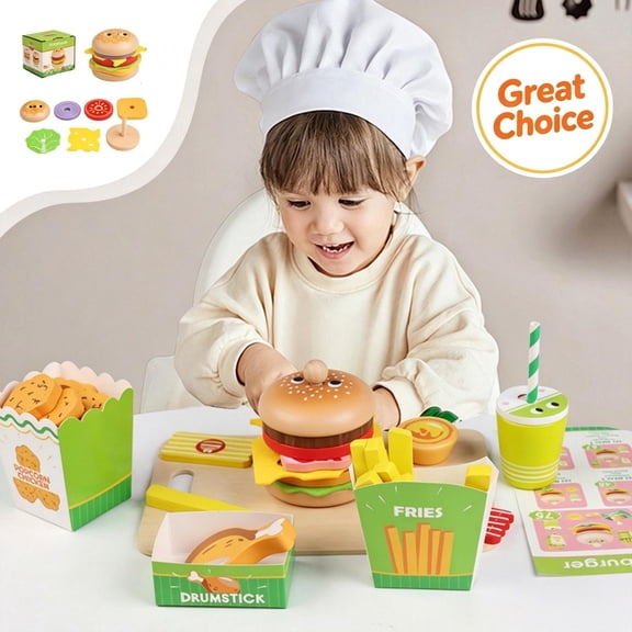 Wooden Kids Pretend Fast Food Play Set, Fast Food Restaurant Role Play Educational Toy, Birthday Holiday Gift for Toddler Boys Girls Ages 4 