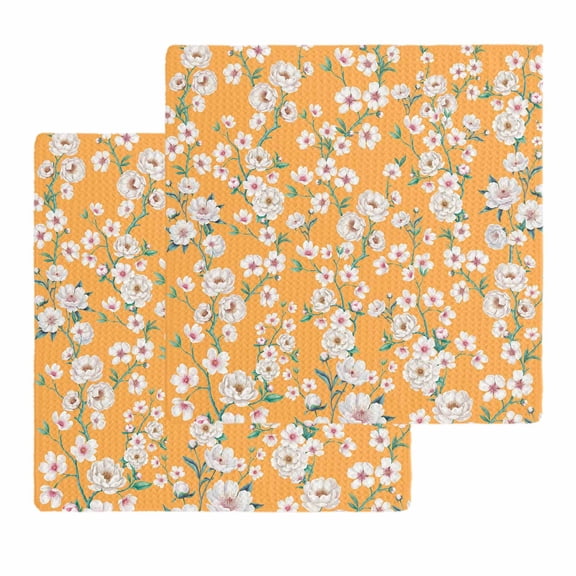 Spring Botanical Kitchen Dish Towels for Drying Dishes Set of 2, Watercolor Floral Flowers Botanical Yellow Waffle Weave Microfiber Hand Tea Bathroom Towels Quick Dry & Absorbent Towel 12x12