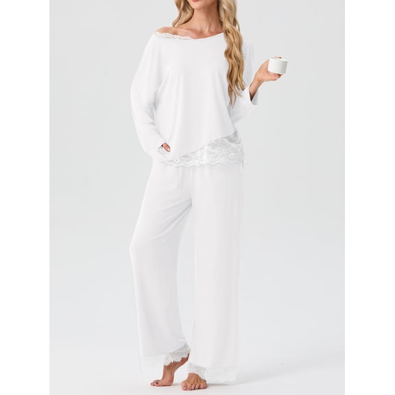 MINTREUS Pajamas for Womens Set 2 Piece Lace Trim Sleepwear Soft Lounge Set, Loungewear for Fall Winter