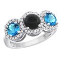 thumbnail image 1 of 14K White Gold Natural Black Onyx & Swiss Blue Topaz Sides Round 3-stone Ring Diamond Accents, size 10, 1 of 2