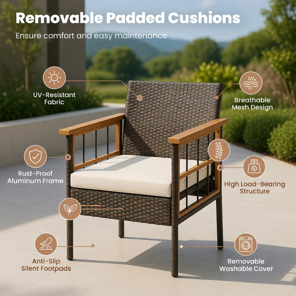 Hommoo 2-Piece Acacia Wood Patio Dining Chair Set with Removable Cushions, PE Rattan & Metal Frame, Ergonomic Design for Porch, Patio & Poolside, White