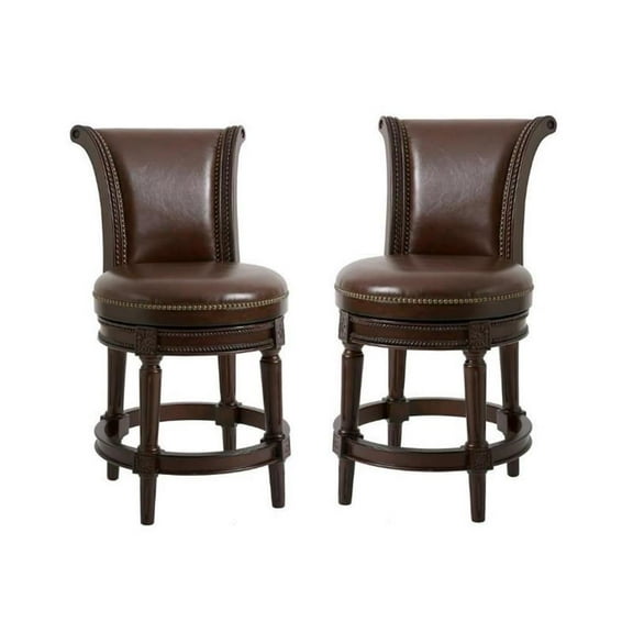 Home Square 2 Piece Swivel Upholstered Wood Barstool Set in Walnut