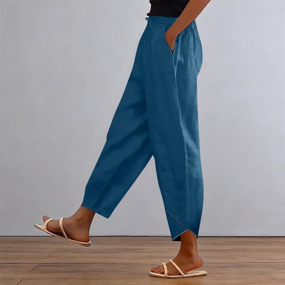Delayuji Womens Linen Pants Casual Short Stacked V Slub Pants Trousers Spring Summer Outfits