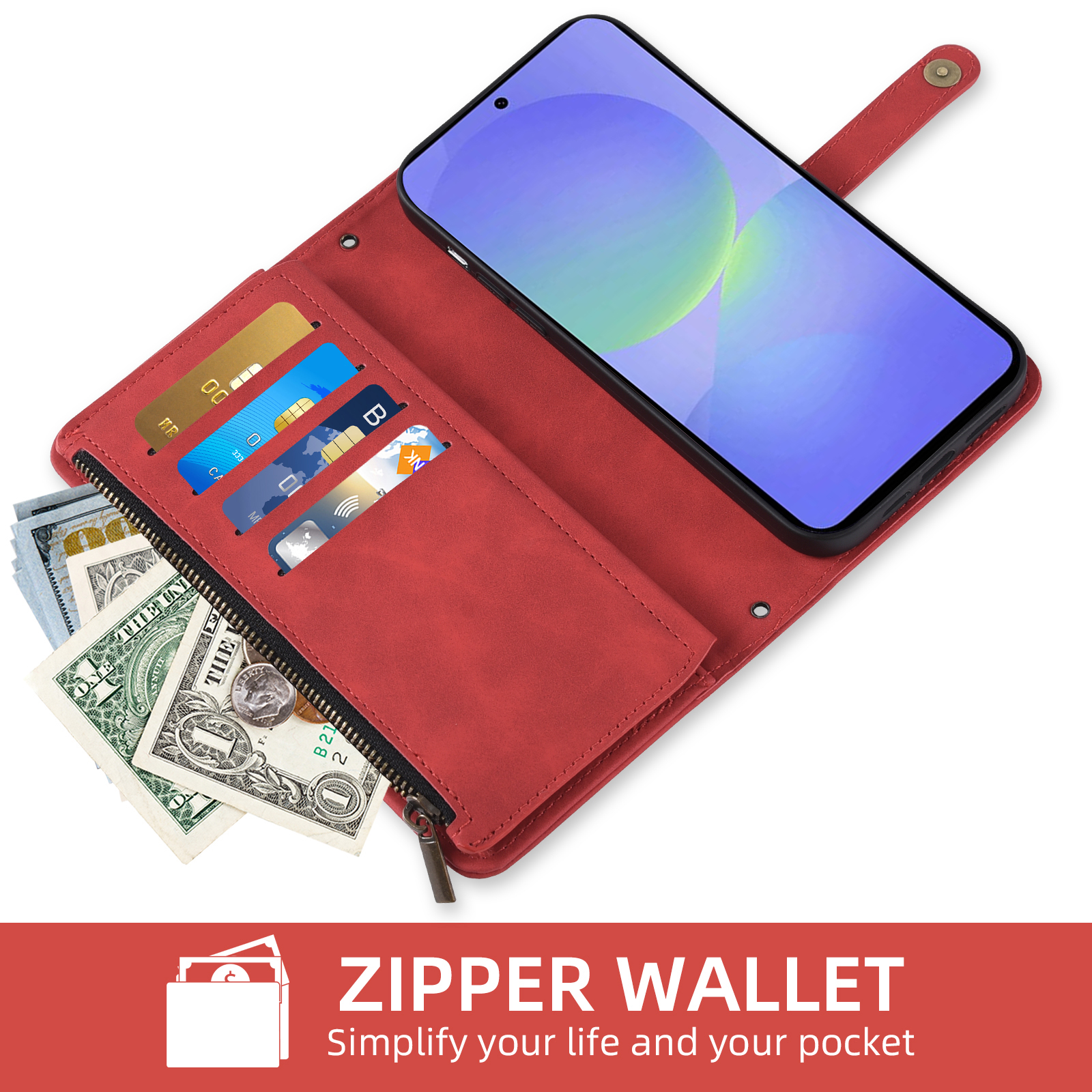 Asuwish Phone Case for Samsung Galaxy A56 5G Wallet Cover With Tempered Glass Screen Protector Crossbody Wrist Strap Flip Pattern Zipper Credit Card Holder Stand Slot Cell A 56 56A LTE Women Men Red