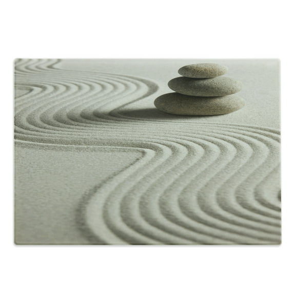 Rock Cutting Board, Illustration of Stack of Stones on Raked Sand Still Life, Decorative Tempered Glass Cutting and Serving Board, in 3 Sizes, by Ambesonne