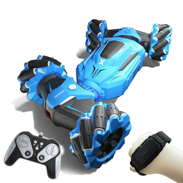 Graflsoa 2.4G Gesture-Controlled Stunt Twister Car with LED Lights, Music, and Programmable Features - Blue, Single Battery Version, Dual Remote (Includes USB Cable & Accessories)