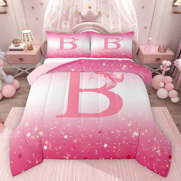 Feelyou Princess Monogrammed B Twin Comforter Sets, Kids Bow Letter Bedding Set, 2pcs