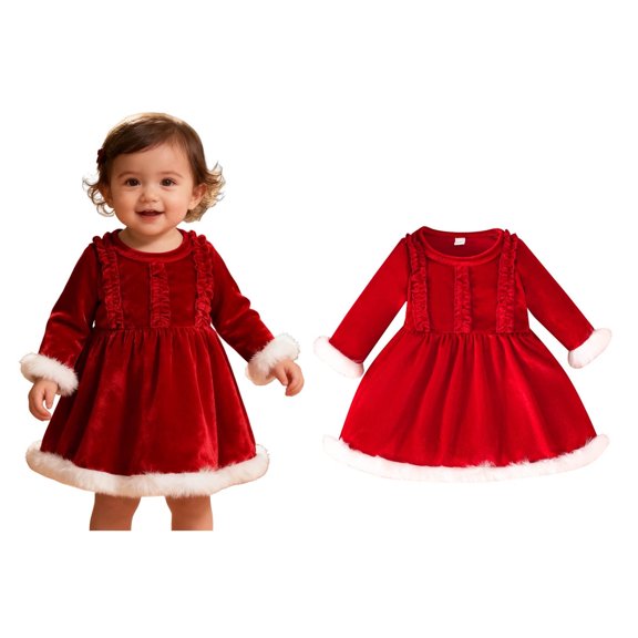 Christmas Santa Dress,Santa Claus Romper Dress Trim Velvet long sleeves Cute Christmas Outfit Christmas Princess Dress 12-18 Months
