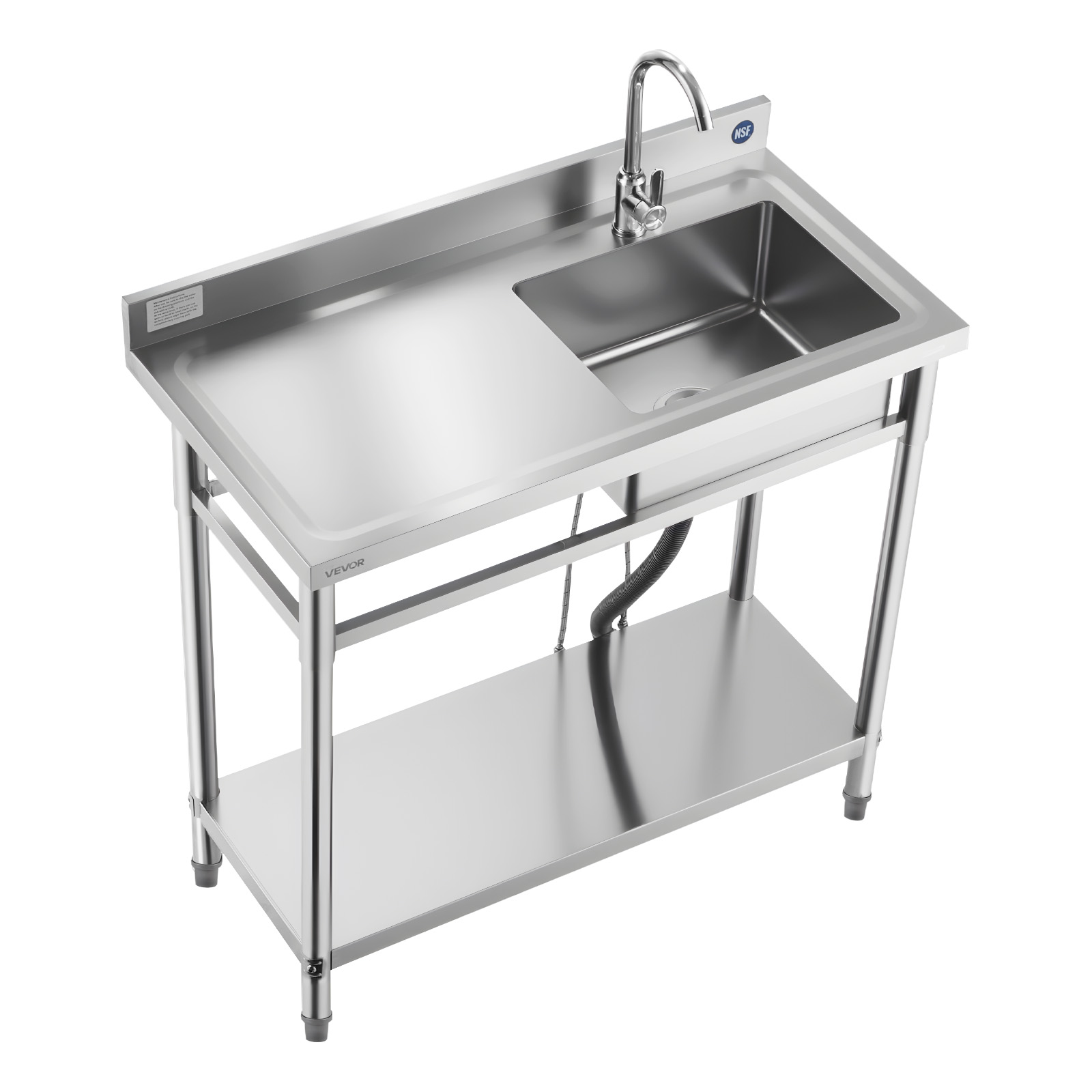 VEVOR Stainless Steel Utility Sink, Free Standing Single Bowl Commercial Kitchen Sink with Faucet, 39.4 x 19.7 x 37 in, Utility Left Basin with Hot & Cold Water Pipe for Garage, Restaurant, Laundry