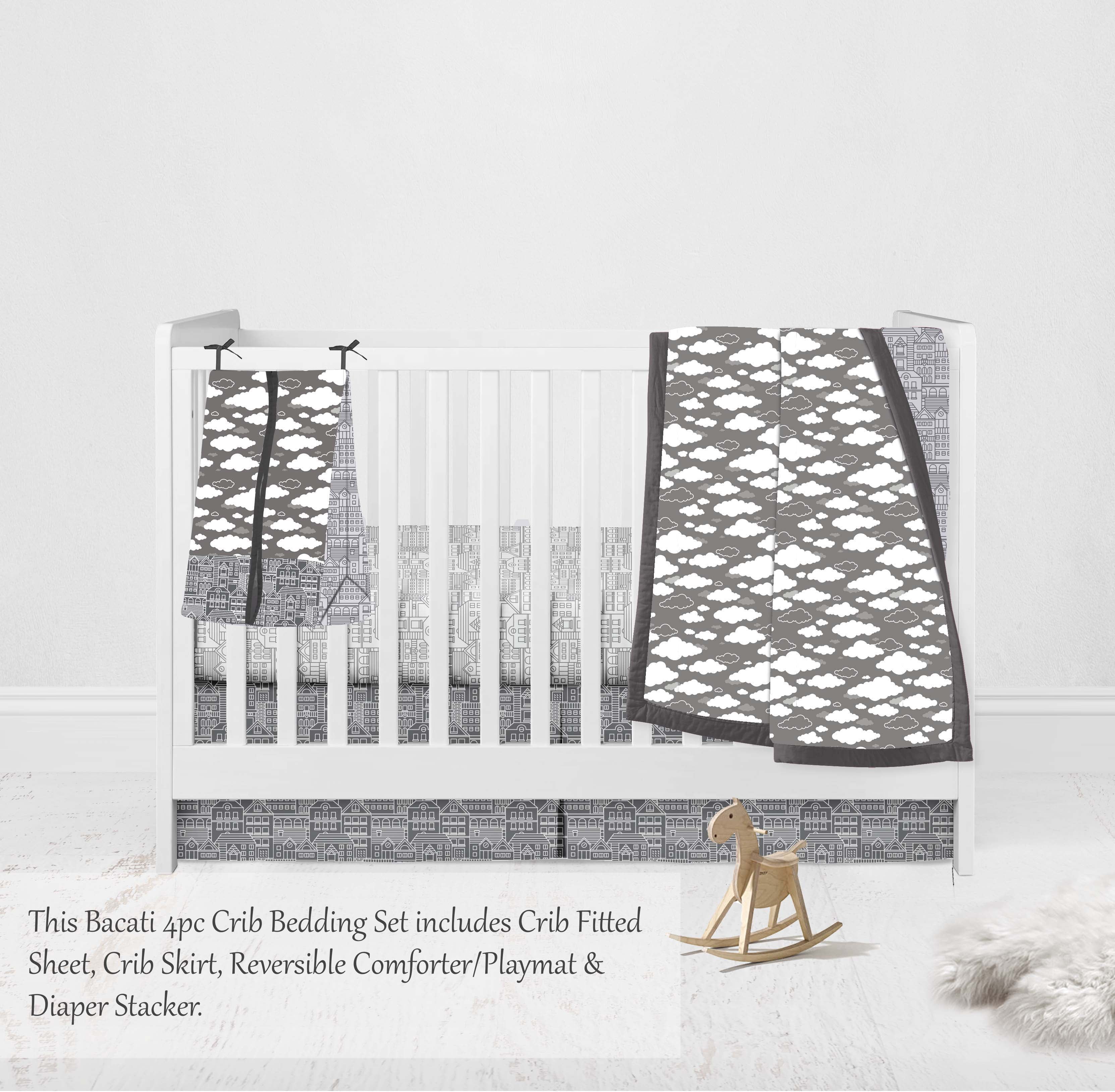 Bacati - Clouds in the City 4-Piece Crib Bedding Set with Diaper Stacker -White/Grey Unisex