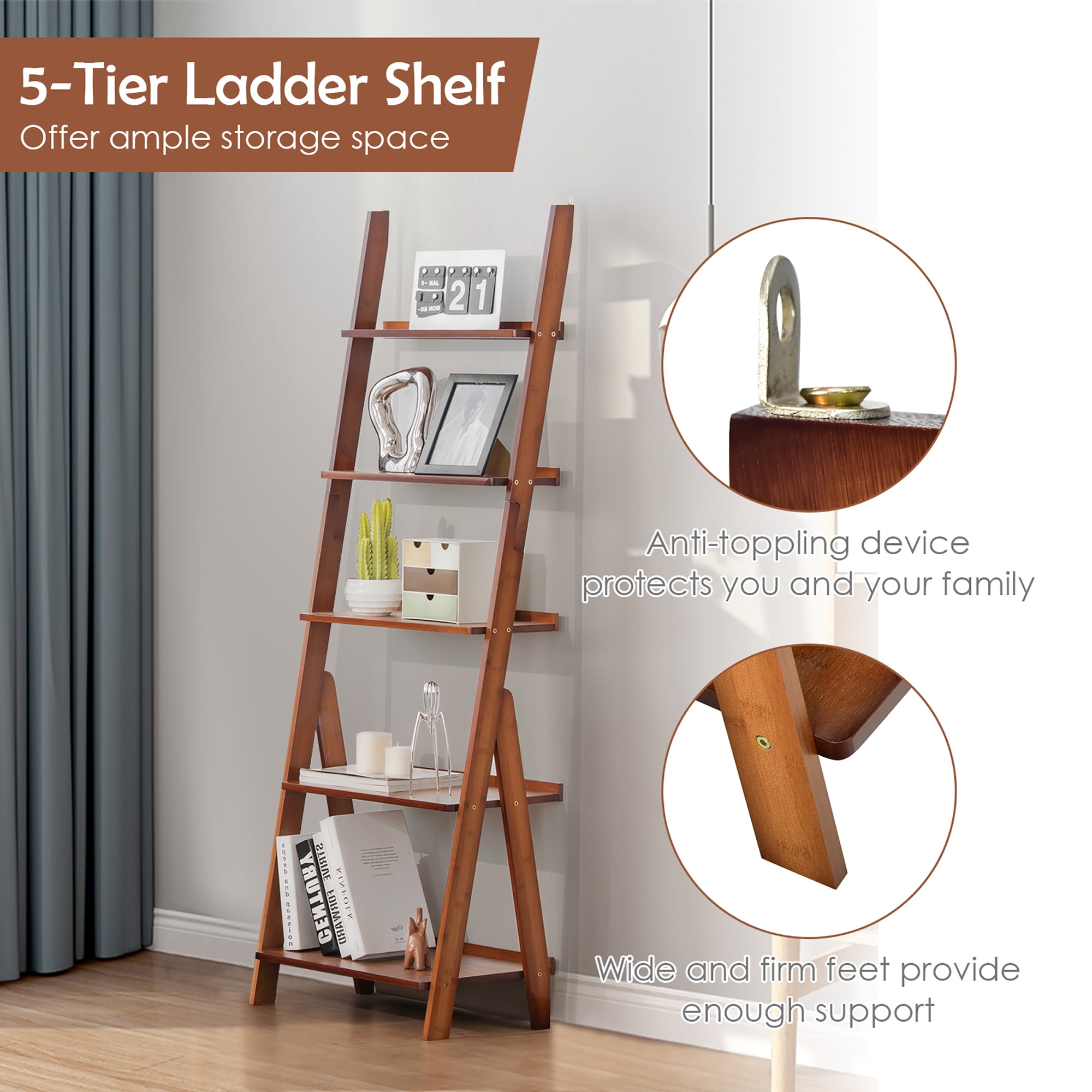 Costway 5-Tier Bamboo Ladder Shelf Bookshelf Display Storage Rack Flower Stand Coffee