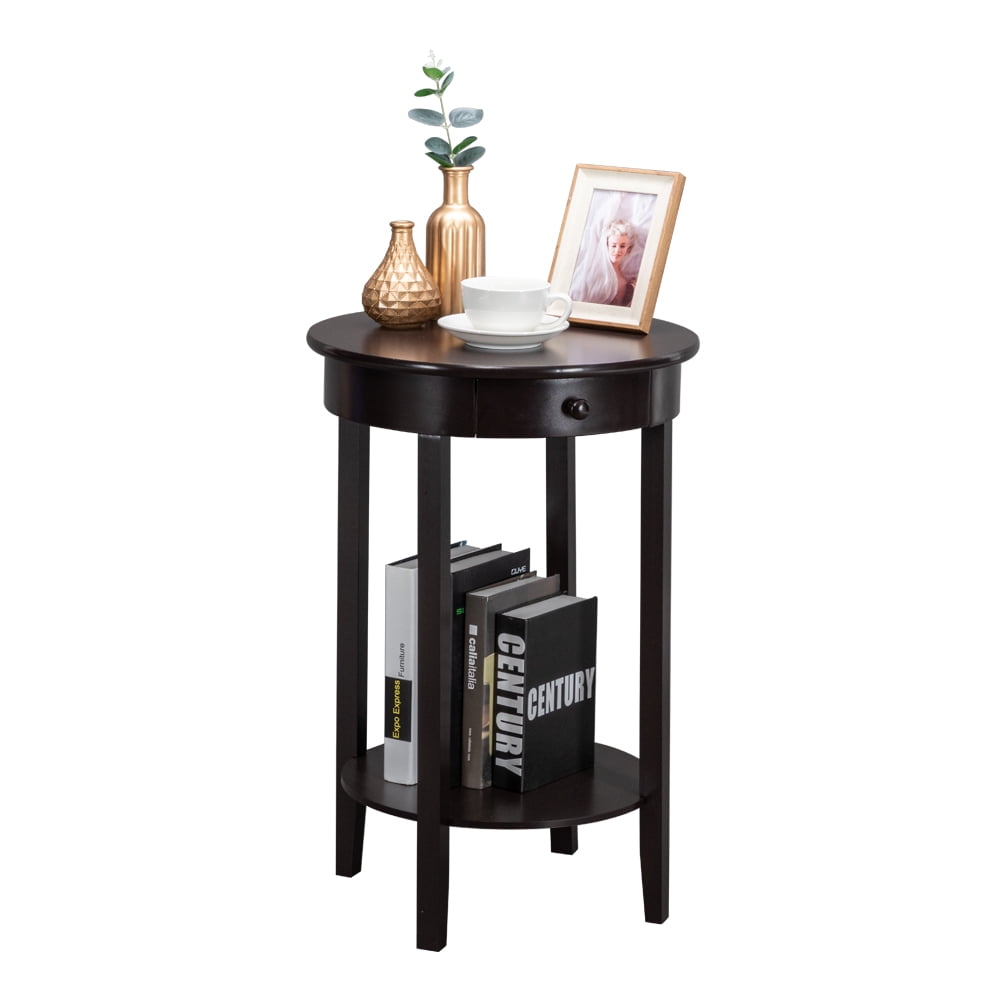 Kepooman 2 Layer Round Coffee Table with Top, Simple Round Side Coffee Table with Drawer, Brown Kepooman 2 Layer Round Coffee Table with Top, Simple Round Side Coffee Table with Drawer, Brown