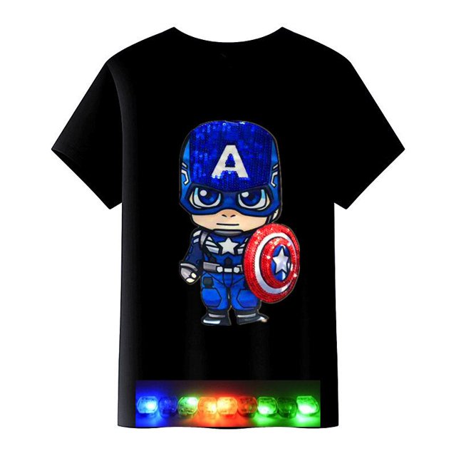 Ropa de dibujos animados de Disney, camiseta de Capitán América para niños, camiseta de verano, camisetas de manga corta con luz LED para niñas, camisetas para niños pequeños White6T Gao Jinjia LED