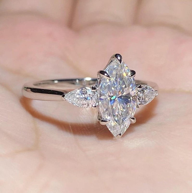 Cora Jewellery 2CT Marquise Moissanite 3 Stone Engagement Ring For Women, 18K White Gold