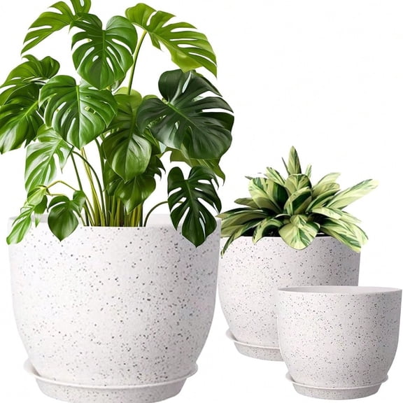10/9/8 Inch Plant Pots Set of 3, White Speckled Plastic Planters with Drainage Holes & Saucers, Modern Flower Pots for Indoor Outdoor Plants, Herbs, Succulents